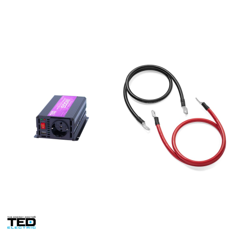 Invertor auto TED Electric TED007032, 12 V la 230 V, 500 W (varf 1000 W), unda sinusoidala modificata, 1 priza Schuko si 1 port USB, carcasa metalica, cabluri pentru baterie incluse [3]