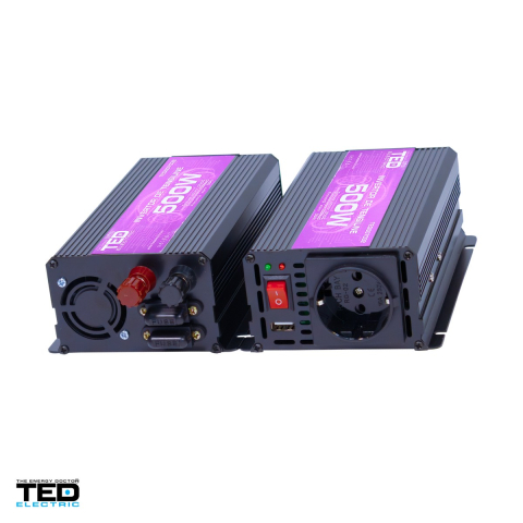 Invertoare tensiune - Invertor auto TED Electric TED007032, 12 V la 230 V, 500 W (varf 1000 W), unda sinusoidala modificata, 1 priza Schuko si 1 port USB, carcasa metalica, cabluri pentru baterie incluse