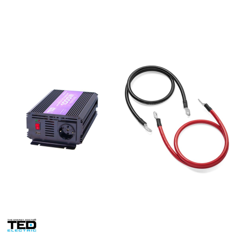 Invertor auto TED Electric TED007049, 12 V la 230 V, 1000 W (varf 2000 W), unda sinusoidala modificata, 1 priza Schuko si 1 port USB, carcasa metalica, cabluri pentru baterie incluse [3]