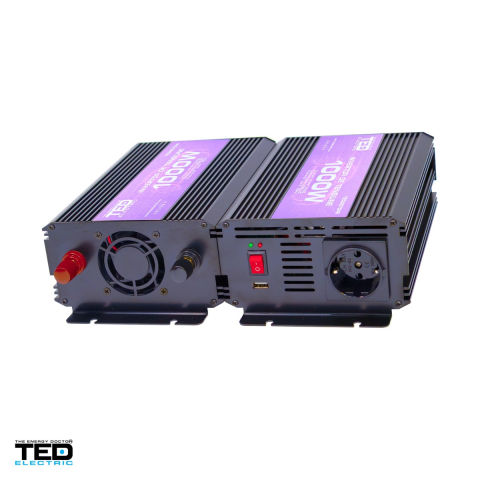 Invertor auto TED Electric TED007049, 12 V la 230 V, 1000 W (varf 2000 W), unda sinusoidala modificata, 1 priza Schuko si 1 port USB, carcasa metalica, cabluri pentru baterie incluse [0]