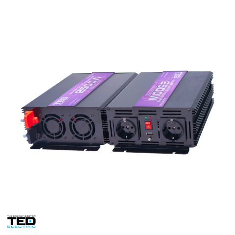 Invertoare tensiune - Invertor auto TED Electric TED007063, 12 V la 230 V, 2500 W (varf 5000 W), unda sinusoidala modificata, 2 prize Schuko si 1 port USB, carcasa metalica, cabluri pentru baterie incluse