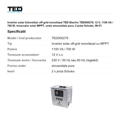 Invertor solar fotovoltaic off-grid monofazat TED Electric TED000279, 12 V, 1100 VA / 700 W, incarcator solar MPPT, unda sinusoidala pura, 2 prize Schuko, Wi-Fi [2]