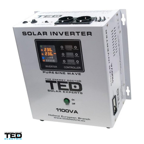 Invertor solar fotovoltaic off-grid monofazat TED Electric TED000279, 12 V, 1100 VA / 700 W, incarcator solar MPPT, unda sinusoidala pura, 2 prize Schuko, Wi-Fi [0]