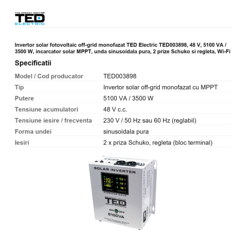 Invertor solar fotovoltaic off-grid monofazat TED Electric TED003898, 48 V, 5100 VA / 3500 W, incarcator solar MPPT, unda sinusoidala pura, 2 prize Schuko si regleta, Wi-Fi [2]