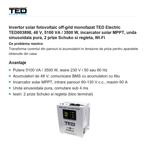 Invertor solar fotovoltaic off-grid monofazat TED Electric TED003898, 48 V, 5100 VA / 3500 W, incarcator solar MPPT, unda sinusoidala pura, 2 prize Schuko si regleta, Wi-Fi [1]