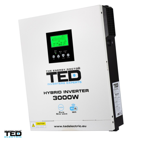 Sisteme fotovoltaice - Invertor solar hibrid off-grid TED Electric TED008350, 24 V la 230 V, 3000 W, MPPT 30-400 V, unda sinusoidala pura, compatibil LiFePO4, Wi-Fi, 1 iesire AC