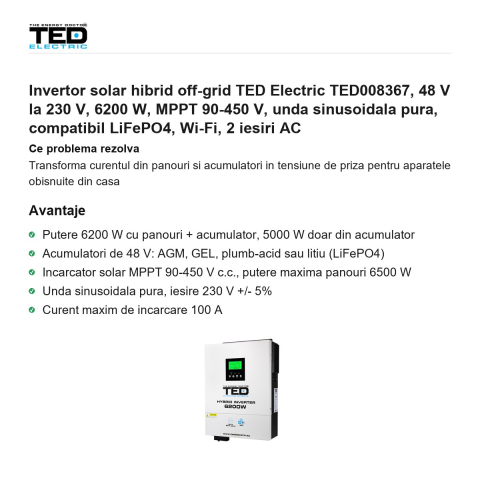 Invertor solar hibrid off-grid TED Electric TED008367, 48 V la 230 V, 6200 W, MPPT 90-450 V, unda sinusoidala pura, compatibil LiFePO4, Wi-Fi, 2 iesiri AC [1]
