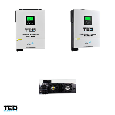 Invertor solar hibrid off-grid TED Electric TED008367, 48 V la 230 V, 6200 W, MPPT 90-450 V, unda sinusoidala pura, compatibil LiFePO4, Wi-Fi, 2 iesiri AC [3]