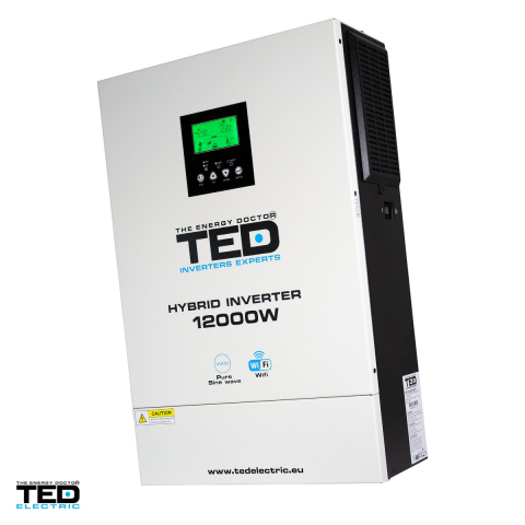 Sisteme fotovoltaice - Invertor solar hibrid off-grid TED Electric TED008374, 48 V la 230 V, 12000 W, MPPT 90-450 V, unda sinusoidala pura, compatibil LiFePO4, Wi-Fi, 2 iesiri AC