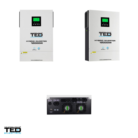 Invertor solar hibrid off-grid TED Electric TED008374, 48 V la 230 V, 12000 W, MPPT 90-450 V, unda sinusoidala pura, compatibil LiFePO4, Wi-Fi, 2 iesiri AC [3]