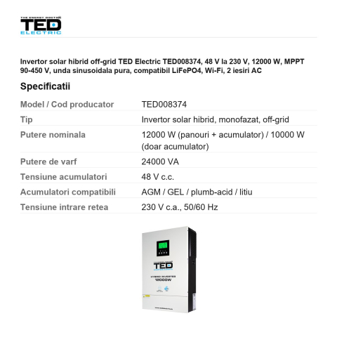 Invertor solar hibrid off-grid TED Electric TED008374, 48 V la 230 V, 12000 W, MPPT 90-450 V, unda sinusoidala pura, compatibil LiFePO4, Wi-Fi, 2 iesiri AC [2]
