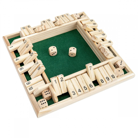 Jocuri de masa - Joc de societate, cu zaruri, Shut The Box Green, 1 - 4 persoane, suprafata 130 x 130 mm, din lemn