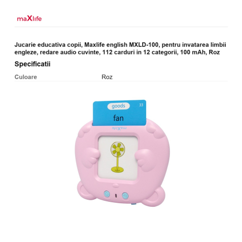 Jucarie educativa copii, Maxlife english MXLD-100, pentru invatarea limbii engleze, redare audio cuvinte, 112 carduri in 12 categorii, 100 mAh, Roz [2]