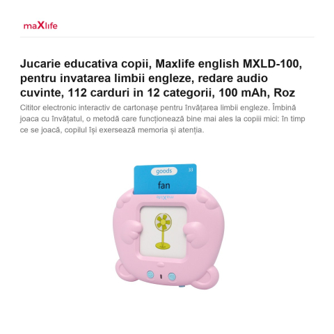 Jucarie educativa copii, Maxlife english MXLD-100, pentru invatarea limbii engleze, redare audio cuvinte, 112 carduri in 12 categorii, 100 mAh, Roz [1]