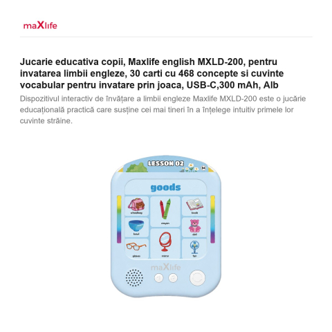 Jucarie educativa copii, Maxlife english MXLD-200, pentru invatarea limbii engleze, 30 carti cu 468 concepte si cuvinte vocabular pentru invatare prin joaca, USB-C,300 mAh, Alb [1]