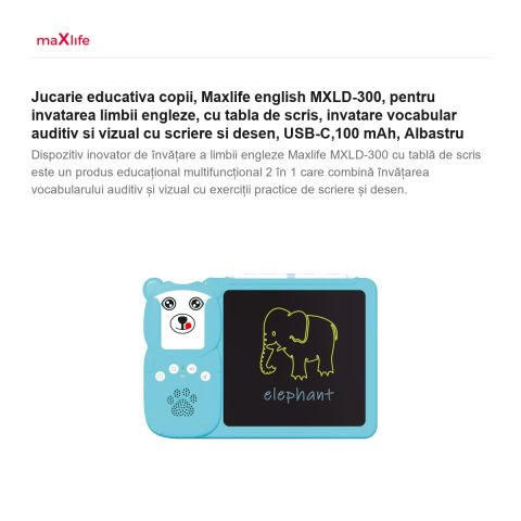 Jucarie educativa copii, Maxlife english MXLD-300, pentru invatarea limbii engleze, cu tabla de scris, invatare vocabular auditiv si vizual cu scriere si desen, USB-C,100 mAh, Albastru [1]