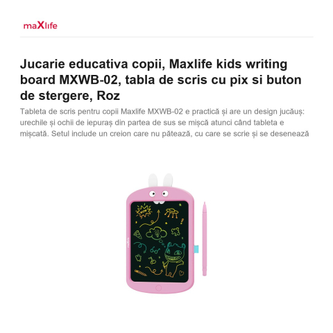 Jucarie educativa copii, Maxlife kids writing board MXWB-02, tabla de scris cu pix si buton de stergere, Roz [1]