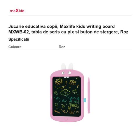 Jucarie educativa copii, Maxlife kids writing board MXWB-02, tabla de scris cu pix si buton de stergere, Roz [2]