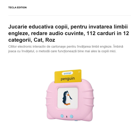 Jucarie educativa copii, pentru invatarea limbii engleze, redare audio cuvinte, 112 carduri in 12 categorii, Cat, Roz [1]