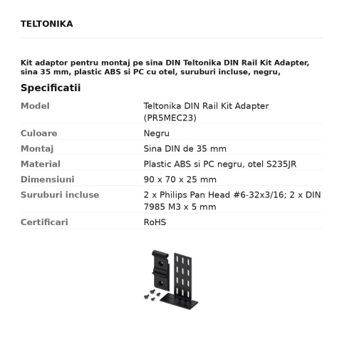 Kit adaptor pentru montaj pe sina DIN Teltonika DIN Rail Kit Adapter, sina 35 mm, plastic ABS si PC cu otel, suruburi incluse, negru, PR5MEC23 [2]