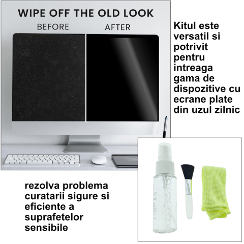 Kit curatare ecrane cu 3 componente, pentru LCD, cu spray, perie moale si laveta microfibra, pentru monitoare, telefoane, tablete [4]