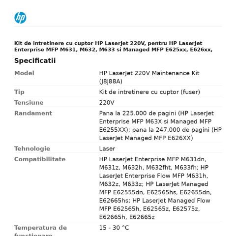 Kit de intretinere cu cuptor HP LaserJet 220V, pentru HP LaserJet Enterprise MFP M631, M632, M633 si Managed MFP E625xx, E626xx, J8J88A [2]