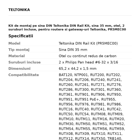 Kit de montaj pe sina DIN Teltonika DIN Rail Kit, sina 35 mm, otel, 2 suruburi incluse, pentru routere si gateway-uri Teltonika, PR5MEC00 [2]