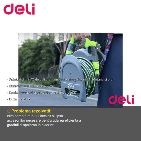 Kit furtun gradina Deli, 10 m cu tambur de depozitare, duza 8 jeturi si accesorii complete [1]
