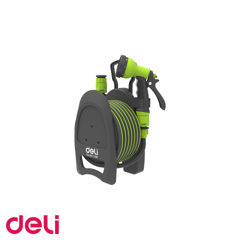 Instrumente stropit si udat - Kit furtun gradina Deli, 10 m cu tambur de depozitare, duza 8 jeturi si accesorii complete
