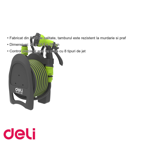 Kit furtun gradina Deli, 10 m cu tambur de depozitare, duza 8 jeturi si accesorii complete [2]