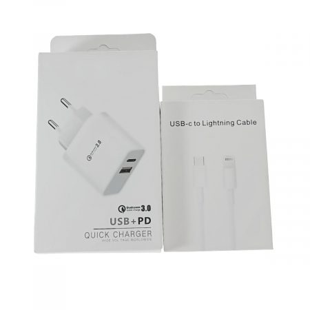 Kit incarcator retea QC 3.0 PD 3.4A, 2 porturi USB-C si USB, cu cablu USB-C tata la tip lightning, 18W, lungime 1m, alb [3]