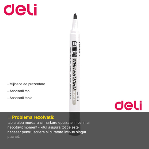 Kit intretinere whiteboard Deli - spray curatare, 2 markere si burete magnetic, pentru table albe [1]