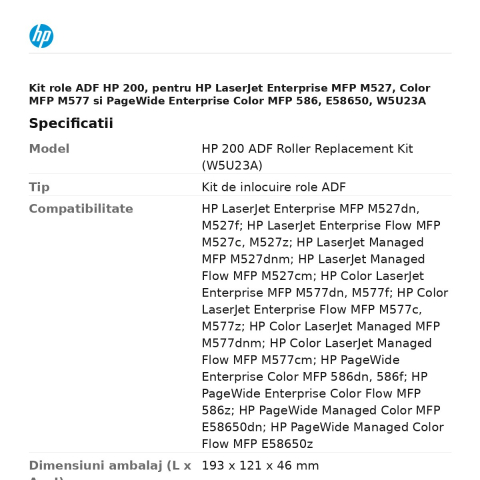 Kit role ADF HP 200, pentru HP LaserJet Enterprise MFP M527, Color MFP M577 si PageWide Enterprise Color MFP 586, E58650, W5U23A [2]