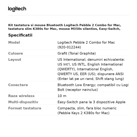 Kit tastatura si mouse Bluetooth Logitech Pebble 2 Combo for Mac, tastatura slim K380s for Mac, mouse M350s silentios, Easy-Switch, layout US International, grafit, 920-012244 [2]