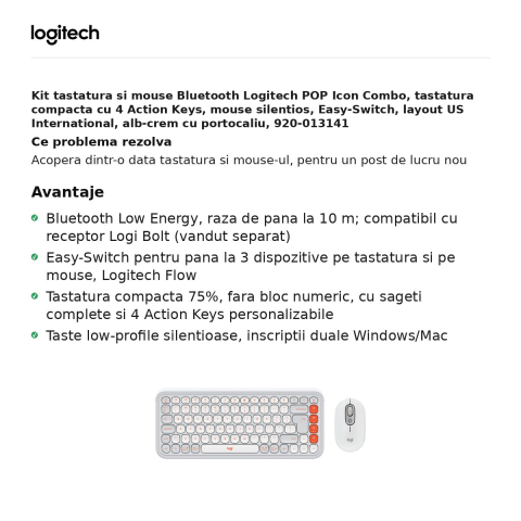 Kit tastatura si mouse Bluetooth Logitech POP Icon Combo, tastatura compacta cu 4 Action Keys, mouse silentios, Easy-Switch, layout US International, alb-crem cu portocaliu, 920-013141 [1]