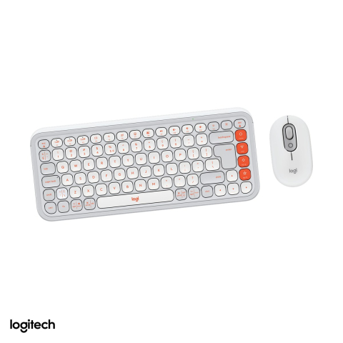 Set accesorii IT - Kit tastatura si mouse Bluetooth Logitech POP Icon Combo, tastatura compacta cu 4 Action Keys, mouse silentios, Easy-Switch, layout US International, alb-crem cu portocaliu, 920-013141