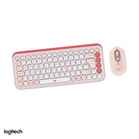 Set accesorii IT - Kit tastatura si mouse Bluetooth Logitech POP Icon Combo, tastatura compacta cu 4 Action Keys, mouse silentios, Easy-Switch, layout US International, roz cu alb-crem, 920-013142