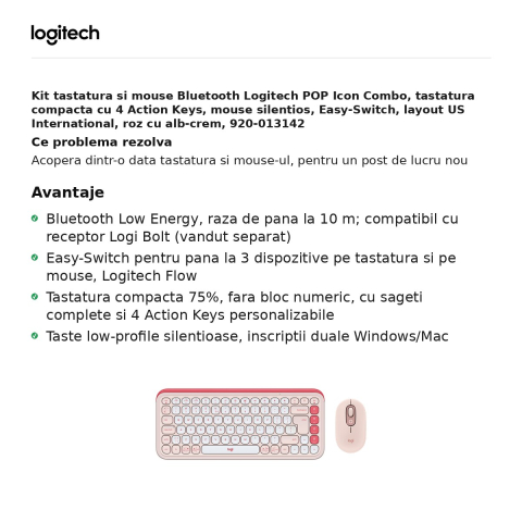 Kit tastatura si mouse Bluetooth Logitech POP Icon Combo, tastatura compacta cu 4 Action Keys, mouse silentios, Easy-Switch, layout US International, roz cu alb-crem, 920-013142 [1]