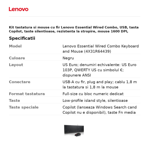 Kit tastatura si mouse cu fir Lenovo Essential Wired Combo, USB, tasta Copilot, taste silentioase, rezistenta la stropire, mouse 1600 DPI, layout US Euro, negru, 4X31R64439 [2]