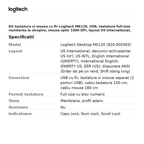 Kit tastatura si mouse cu fir Logitech MK120, USB, tastatura full-size rezistenta la stropire, mouse optic 1000 DPI, layout US International, 920-002563 [2]
