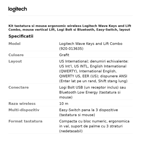 Kit tastatura si mouse ergonomic wireless Logitech Wave Keys and Lift Combo, mouse vertical Lift, Logi Bolt si Bluetooth, Easy-Switch, layout US International, grafit, 920-013635 [2]