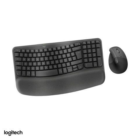 Set accesorii IT - Kit tastatura si mouse ergonomic wireless Logitech Wave Keys and Lift Combo, mouse vertical Lift, Logi Bolt si Bluetooth, Easy-Switch, layout US International, grafit, 920-013635
