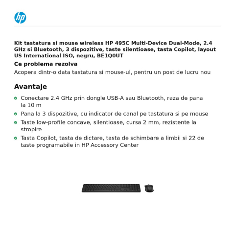 Kit tastatura si mouse wireless HP 495C Multi-Device Dual-Mode, 2.4 GHz si Bluetooth, 3 dispozitive, taste silentioase, tasta Copilot, layout US International ISO, negru, BE1Q0UT [1]
