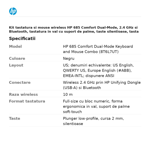 Kit tastatura si mouse wireless HP 685 Comfort Dual-Mode, 2.4 GHz si Bluetooth, tastatura in val cu suport de palme, taste silentioase, tasta Copilot, layout US, negru, 8T6L7UT [2]
