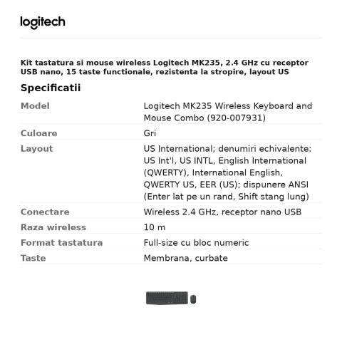 Kit tastatura si mouse wireless Logitech MK235, 2.4 GHz cu receptor USB nano, 15 taste functionale, rezistenta la stropire, layout US International, gri, 920-007931 [2]