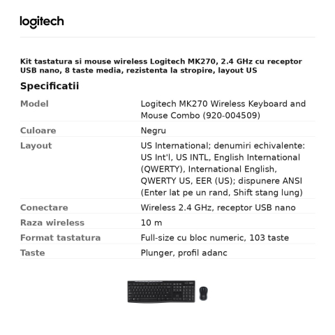 Kit tastatura si mouse wireless Logitech MK270, 2.4 GHz cu receptor USB nano, 8 taste media, rezistenta la stropire, layout US International, negru, 920-004509 [2]