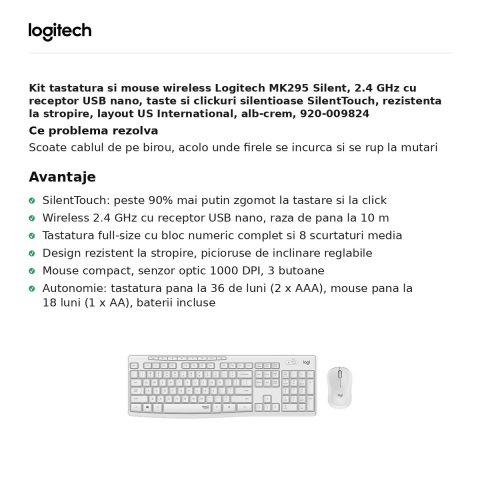 Kit tastatura si mouse wireless Logitech MK295 Silent, 2.4 GHz cu receptor USB nano, taste si clickuri silentioase SilentTouch, rezistenta la stropire, layout US International, alb-crem, 920-009824 [1]