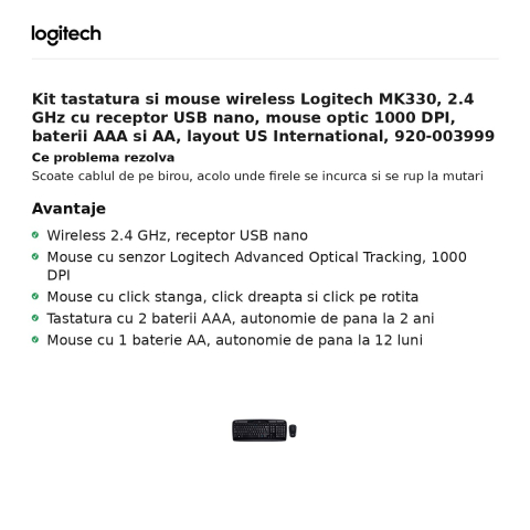Kit tastatura si mouse wireless Logitech MK330, 2.4 GHz cu receptor USB nano, mouse optic 1000 DPI, baterii AAA si AA, layout US International, 920-003999 [1]