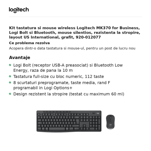 Kit tastatura si mouse wireless Logitech MK370 for Business, Logi Bolt si Bluetooth, mouse silentios, rezistenta la stropire, layout US International, grafit, 920-012077 [1]