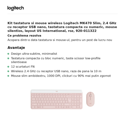 Kit tastatura si mouse wireless Logitech MK470 Slim, 2.4 GHz cu receptor USB nano, tastatura compacta cu numeric, mouse silentios, layout US International, roz, 920-011322 [1]